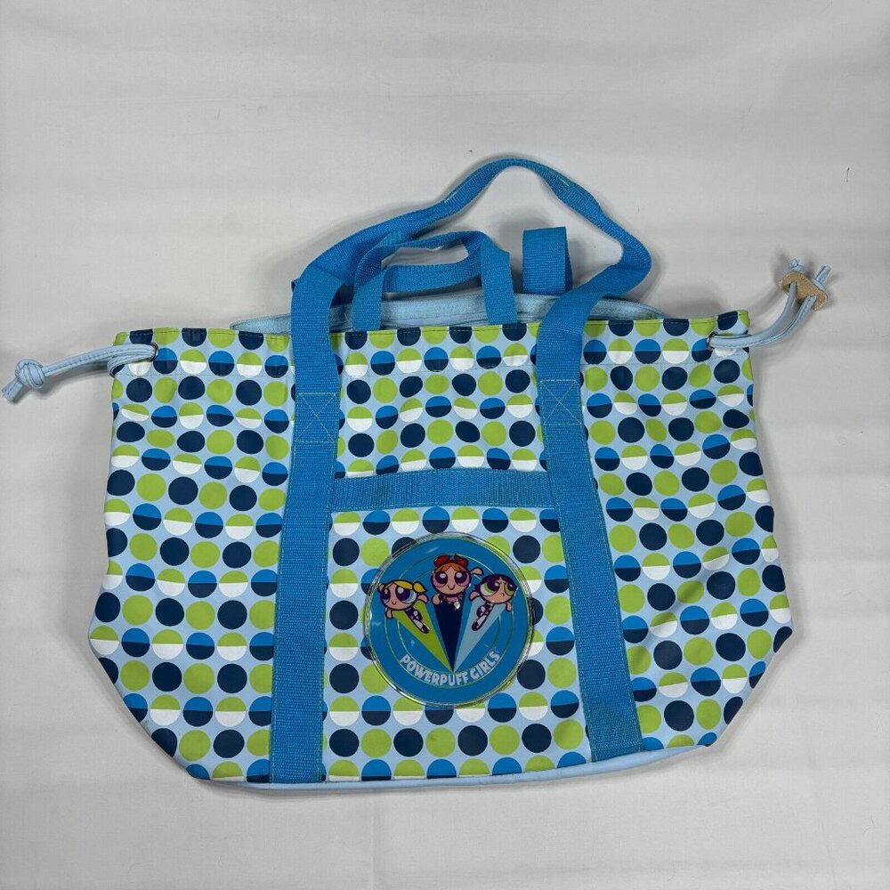 VTG Y2K Powerpuff Girls Blue Polka Dot Vinyl PVC Large Beach Tote Bag Purse Cart